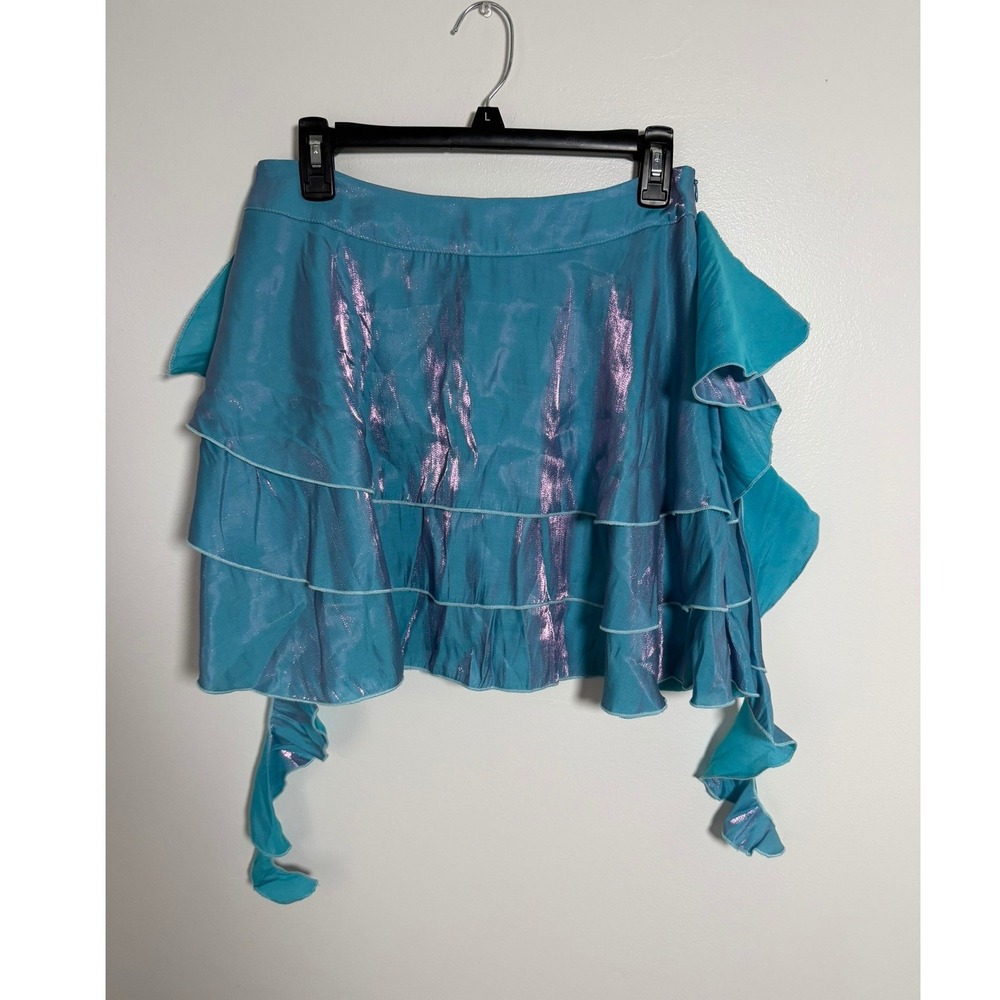 Romwe Iridescent Blue Ruffle Mini Skirt Metallic Fairycore Y2K Large NWT Mermaid